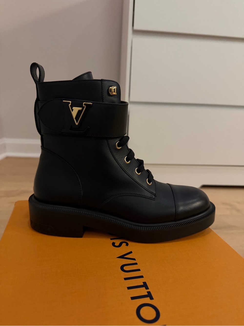Louis Vuitton Black Leather Lace-Up Ankle Boot with Gold LV Accent - Picture 3 of 4